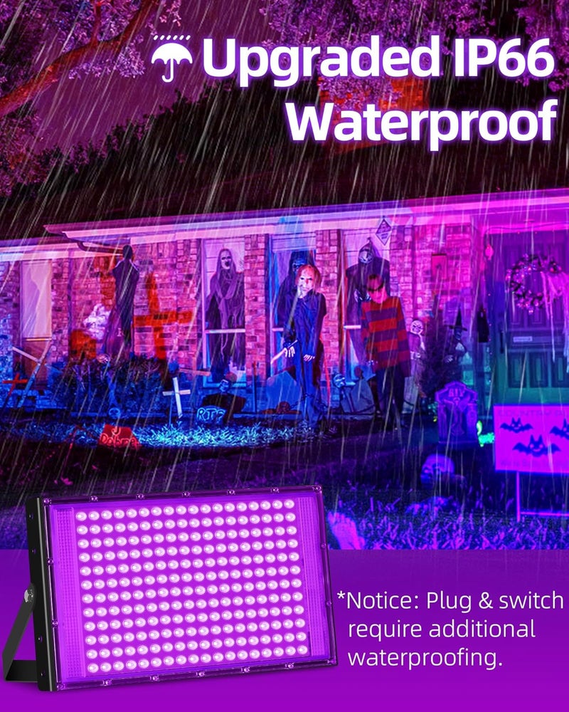 THECHAM Store 200W LED Black Lights IP66 Waterproof Black Light Outdoor with 10ft Plug+Switch, Flood Blacklight for Halloween Glow in The Dark Party Stage Light Neon Glow Birthday 2 Pack - Image 2